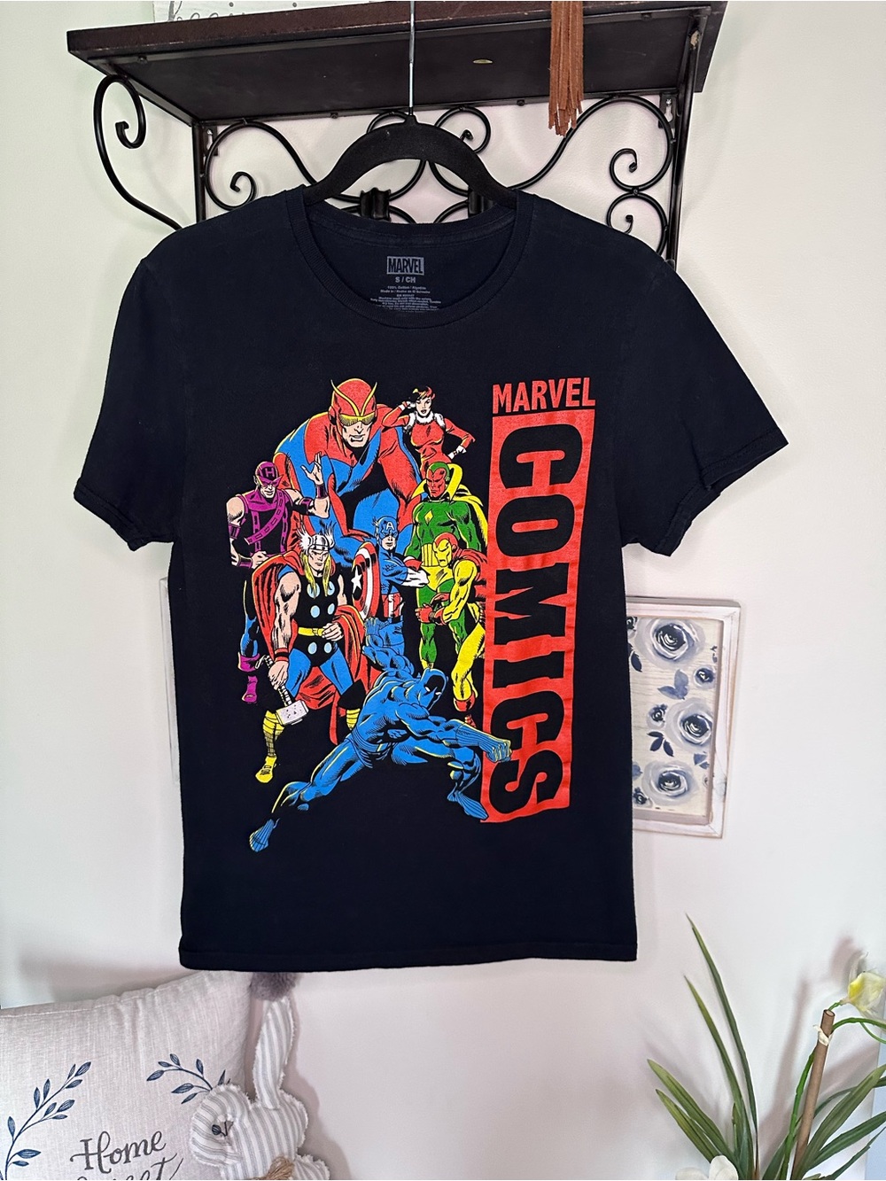 Marvel Black Tee with Vibrant Retro Superhero Graphic